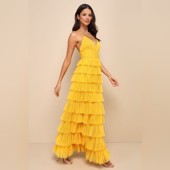NWOT Lulus Radiant Event Yellow Mesh Tiered Ruffled Backless Maxi Dress - Picture 3 of 7